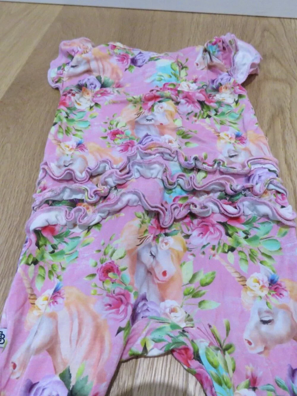 LITTLE BUM BUMS Horn to be Wild Unicorn Ruffle Baby Romper Bamboo 6-9 Months